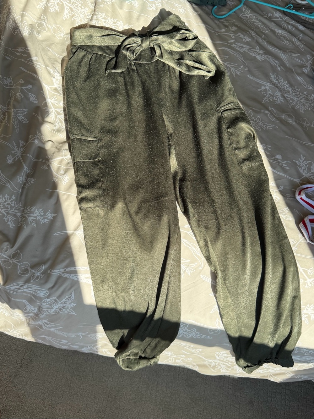 BB Dakota Olive Green Tie-Waist Satin Jogger Pants